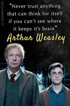 two men standing next to each other in front of a black background with a quote from harry potter