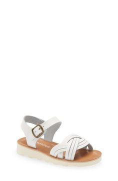 Memory foam cushioning brings comfort with every step they take in this go-anywhere leather sandal shaped with wavy woven straps. Leather upper/synthetic lining and sole Imported Girls Shoes, Leather Sandals, Memory Foam, Nordstrom, Bring It On, Sandals, Luxury Fashion