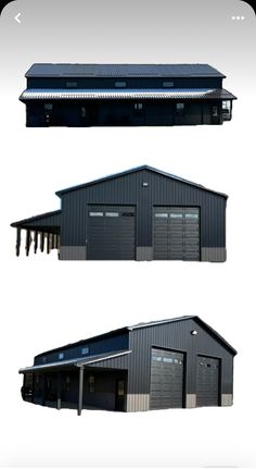 three different views of an industrial building with multiple levels and sections showing the roof area