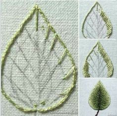 four pictures of different leaf shapes and sizes, including one with green thread on it