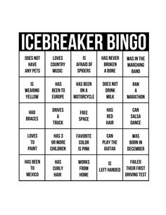 the icebreakerr bingo game is shown in black and white