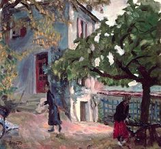 a painting of two people standing in front of a house