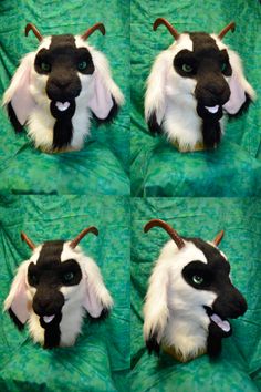 four pictures of goats with long horns on their heads and ears, all in different poses