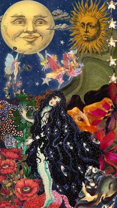 an image of a woman surrounded by flowers and stars with the moon in the background