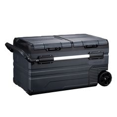 the cooler is black and has wheels on it