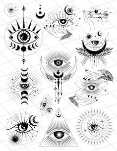 the all seeing eye tattoo design is shown in black and white, with different shapes