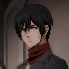 an anime character with black hair wearing a red scarf and looking off to the side