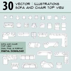 an illustrated set of sofas and chair top views