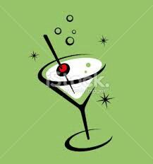 a martini glass with an olive on the rim and bubbles floating around it, against a green background