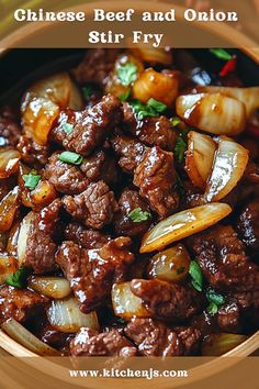 chinese beef and onion stir fry in a bowl