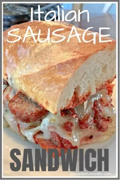 a close up of a sandwich on a plate with the words italian sausage in front of it