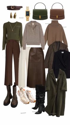 Fall Color Combinations Clothes, Brown And Dark Green Outfit, Autumn Colors Outfits Women, Deep Autumn Work Outfits, Work Outfits Winter Women, Deep Autumn Color Outfits, Preppy Women Outfits, Deep Autumn Outfits Capsule Wardrobe, Deep Autumn Outfit