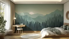 a bedroom with a mountain scene painted on the wall