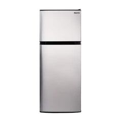 a silver refrigerator freezer sitting on top of a white wall