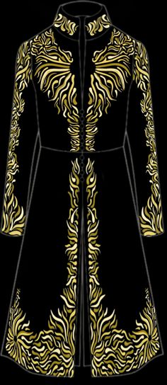 a black and gold jacket with an intricate design on it's chest, front and back