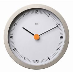 a white clock with an orange second hand