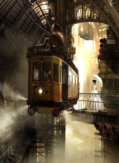 a train traveling through a train station next to a woman in a white dress and veil