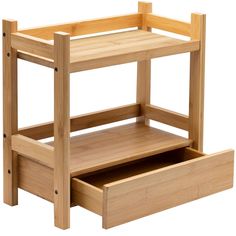 a wooden shelf with two drawers underneath it