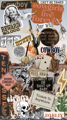 a collage of various stickers and other items on a wall with the words cowboy written