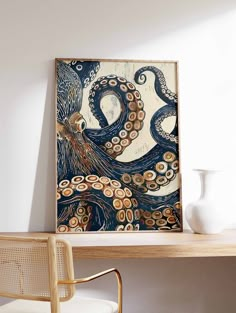 an octopus painting sitting on top of a wooden table next to a white vase and chair