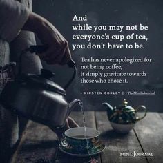 a person pouring water into a teapot on top of a wooden table with a quote