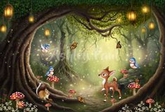 an image of a forest scene with mushrooms and deer in the woods, surrounded by fairy lights