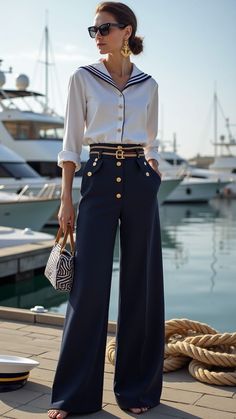 Sailor Look, Women Sailor Outfit, Nautical Chic Outfit, Modern Sailor Outfit, Chic Nautical Outfit, Sailor Chic, Sailor Style, Nautical Chic Outfit Women, Casual Nautical Fashion Inspiration