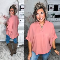 This casual oversized blouse comes with a split neckline and voluminous dolman sleeves for a relaxed but chic look. The ruffled detailing at the back gives it a little extra flair and femininity while still being easy to pair with your favorite jeans. Simply throw it on for a effortlessly stylish weekend ensemble that's perfect for coffee dates or running weekend errands. 100% Rayon Chic Split Neck Top For Day Out, Billowy Feminine V-neck Top, Chic Flowy Blouse With Split Neck, Chic Flowy Split Neck Blouse, Casual Ruffled Split Neck Blouse, Oversized Chic Blouse For Brunch, Chic Split Neck Top For Brunch, Chic Batwing Sleeve Blouse For Spring, Chic Bell Sleeve Blouse For Day Out