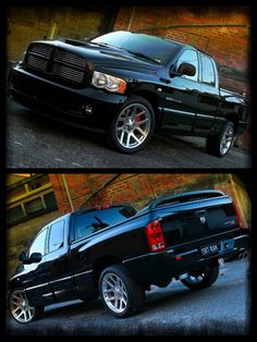 two pictures of a black truck parked next to each other