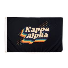 a black flag with the words delta tau delta in colorful letters and an orange, yellow,