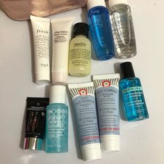 Included Are 10 Pieces Plus A Pink Makeup Bag From Lancme. All Are New And Perfect For Trying Out! Fresh Soy Face Cleanser 20 Ml Shiseido White Lucent Brightening Cleansing Foam 30 Ml Purity Made Simple Cleanser 30 Ml Lancme Bi-Facil Eye Makeup Remover And Face Makeup Remover Both 50 Ml Glamglow Daily Exfoliating Cleanser .5 Oz Bliss Fabulous Foaming Face Wash 30 Ml First Aid Beauty Face Cleanser (Two) 1 Oz Each Sephora Waterproof Eye Makeup Remover 25 Ml Simple Cleanser, Pink Makeup Bag, Collagen Cream, Body Smells, Foaming Face Wash, Exfoliating Cleanser, Firming Cream, First Aid Beauty, Moisturizer With Spf