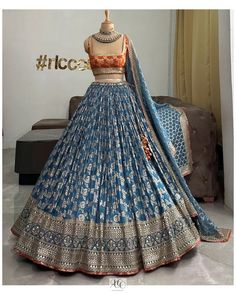 Orange And Blue Lehenga, Blue Lehenga Outfit, Blue Lehenga Bridal, Garba Lehenga, Sabyasachi Lehenga, Trendy Outfits Indian