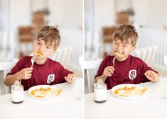 two pictures of a boy eating breakfast at a table with milk and pancakes in front of him