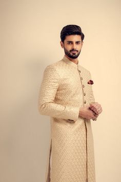 Buy Designer Cream Sherwani for Dulha Wedding in Fine Quality with Embellishments paired with Straight-cut Trousers/Churidar. Customizable. Fast Shipping Cream Sherwani Grooms, Cream Sherwani, Ganesh Decoration, Non Traditional Wedding Rings, Groom Sherwani, Groom Dress Men, Traditional Wedding Rings, Sherwani Groom