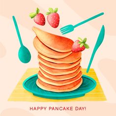 a stack of pancakes on a plate with strawberries and spoons next to it