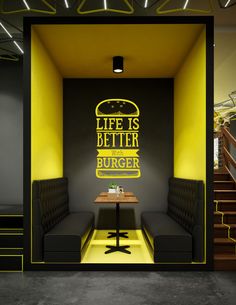 the interior of a restaurant with yellow and black decor on the walls, along with two benches