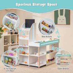 the space saving toy storage rack is organized and labeled with instructions to make it easier for children to use