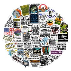 a circle made up of various stickers and words on white background, including fishing related items