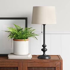 a potted plant sitting on top of a wooden table next to a white lamp