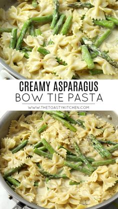 creamy asparagus bowtie pasta in a skillet