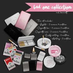 the contents of an assortment of makeup and personal care items are displayed on a black background