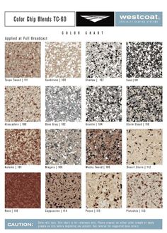 the color chart for this granite countertop shows different colors and finishes, including black, white