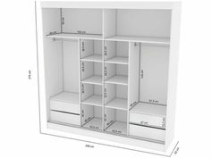 a white closet is shown with measurements for the shelves and drawers on each shelf in front of it