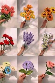 nine different types of flowers being held together