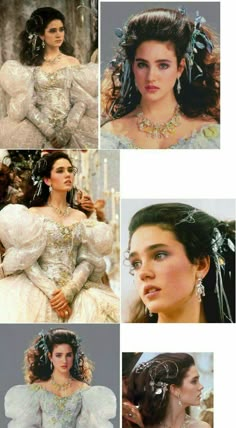 four different pictures of the same woman in white dresses and tiara, one with long hair