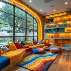 a brightly colored living room with large windows