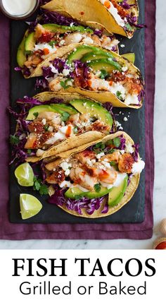 fish tacos with avocado and red cabbage