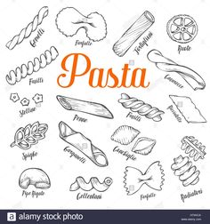 the word pasta written in different languages on a white background with hand drawn food items