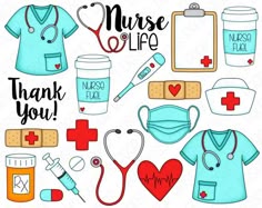 nurse clipart set with medical supplies and thank you messages for nurses, hospital staff or doctors