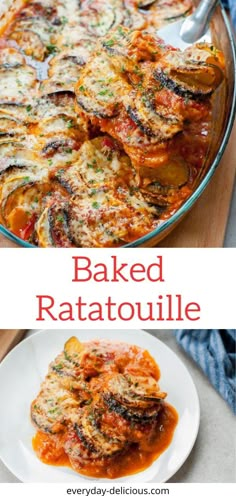 baked ratatoulie in a casserole dish on a wooden cutting board